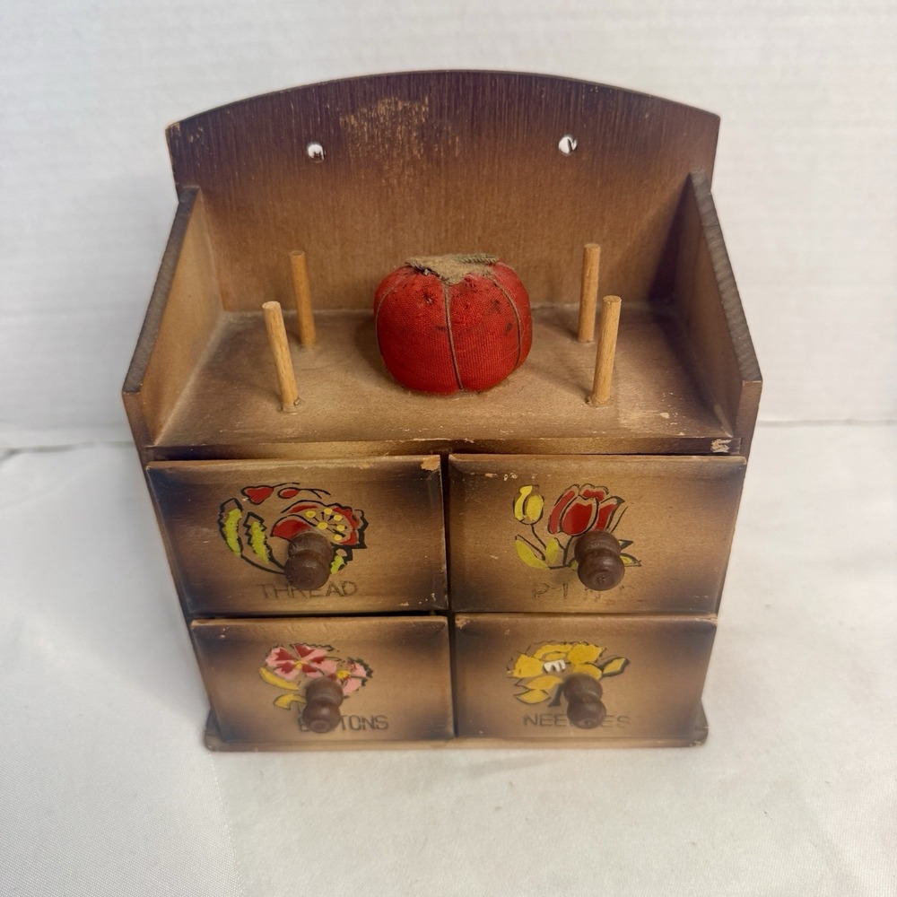 Vintage Nevco Japan Small 4 Drawer Wood Sewing box w Tomato Pin Cushion on Top
